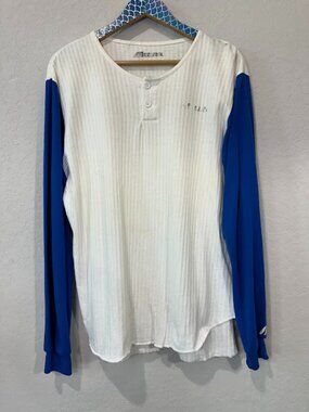 Vintage Mizuno White Blue Lucky #7 Long Sleeve Athletic Tee Medium FLAWED
